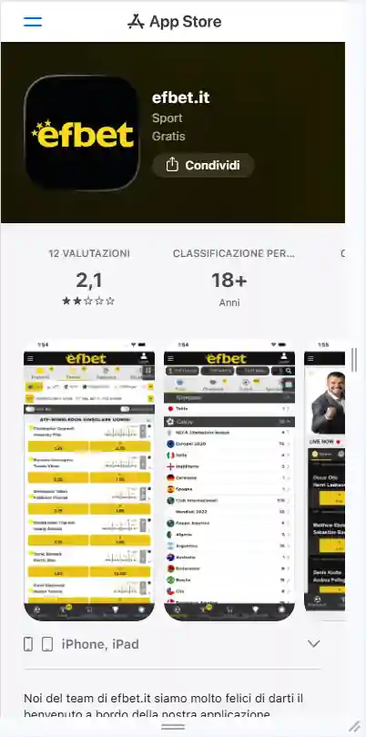 Scheda italiana di efbet.it nell'App Store con Brobet Limited indicato come fornitore