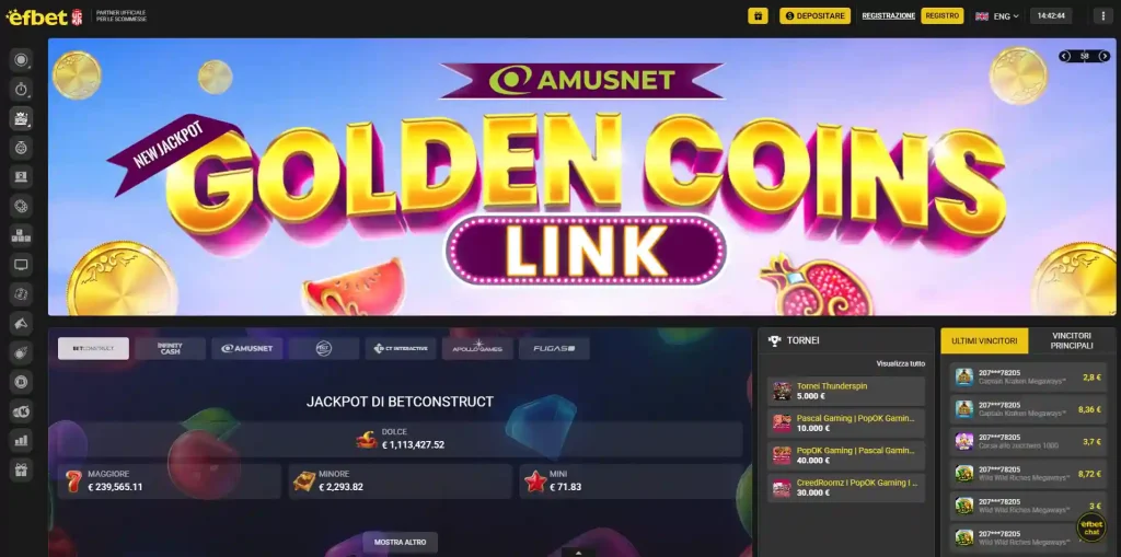 Sezione casinò efbet con navigazione tra le categorie di gioco e senza dati personali