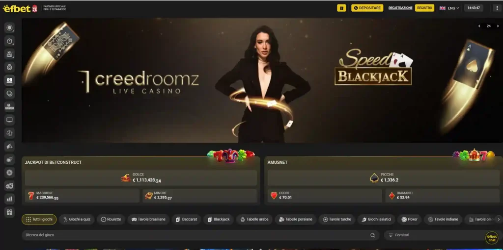 Interfaccia efbet Casino con categorie casinò e live casino senza dati personali