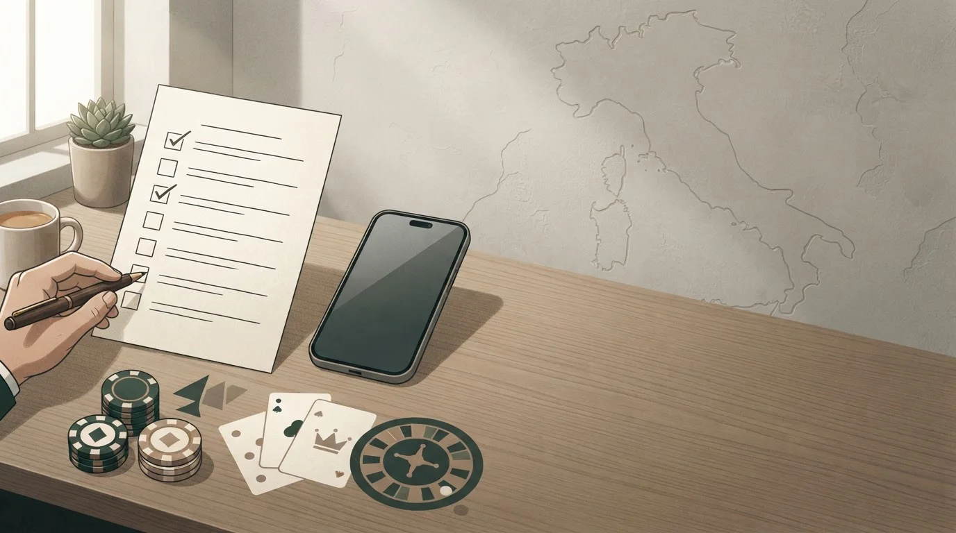 Contesto di un casinò online con checklist, smartphone e simboli astratti di gioco